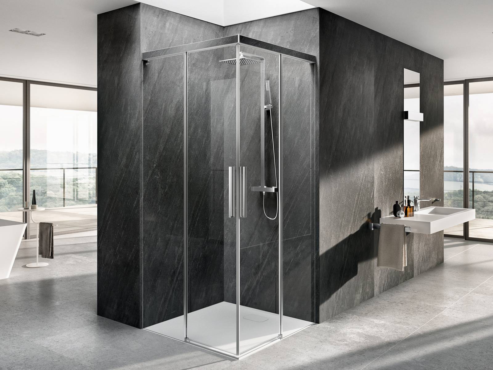 Teilgerahmte Schiebetüren ohne Wandprofile und ein flaches Top-Profil mit verdeckter Rollenführung verleihen der Duschwand «Viva» eine besonders transparente Optik. Neu ist das individualisierbare Führungsprofil in Glas- oder Steinoptik. Kombiniert mit der passenden PanElle Wandverkleidung entsteht ein stimmiges Raumerlebnis mit persönlicher Note.