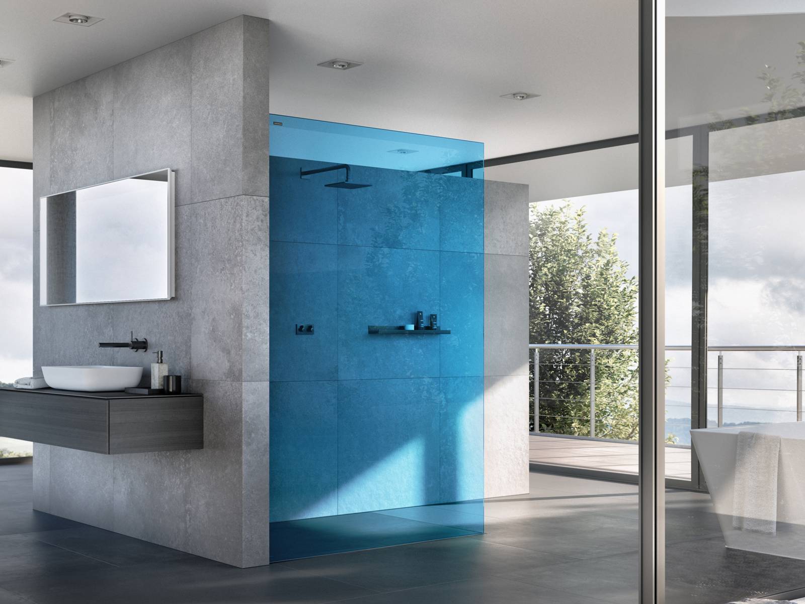 Mit «Air Colours» setzt Duscholux neue Akzente: In den Farbtönen Sunset Gold, Ocean Blue, Desert Sun und Ruby Red wird die Duschwand zum ausdrucksstarken Designobjekt im Bad.