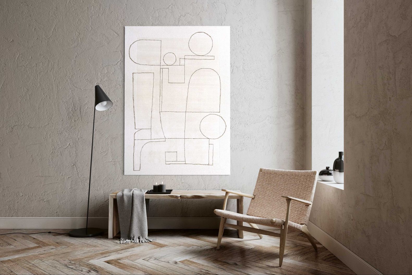 «Voidscape 3/14» heisst der Teppich, für den das Schweizer Unternehmen mit der Künstlerin Noru Hill zusammengearbeitet hat. Minimalistische Leinenlinien auf einem Hintergrund aus 100% Schurwolle zeichnen ihn aus. Der Teppich aus hochwertigen Naturmaterialien schmeichelt in seiner eigentlichen Funktion nicht nur den Füssen, sondern verschönert Räume auch an der Wand. KRAMIS-TEPPICH.CH